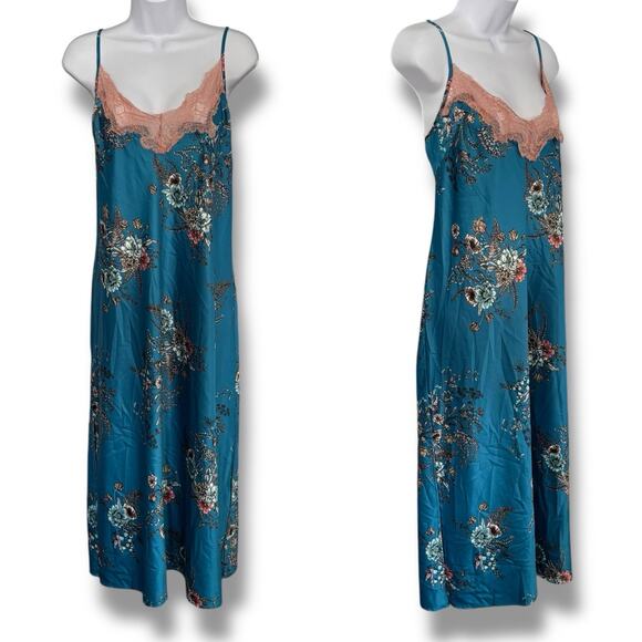 INC International Concepts Size XL Long Floral Nightgown Teal Lace Slit Modest - Picture 12 of 12